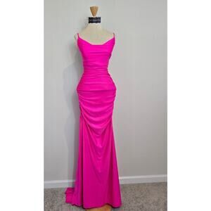 Jamie Formal Neon Pink Fitted Cowl Neck Mermaid Long Dress Sz XS (750)